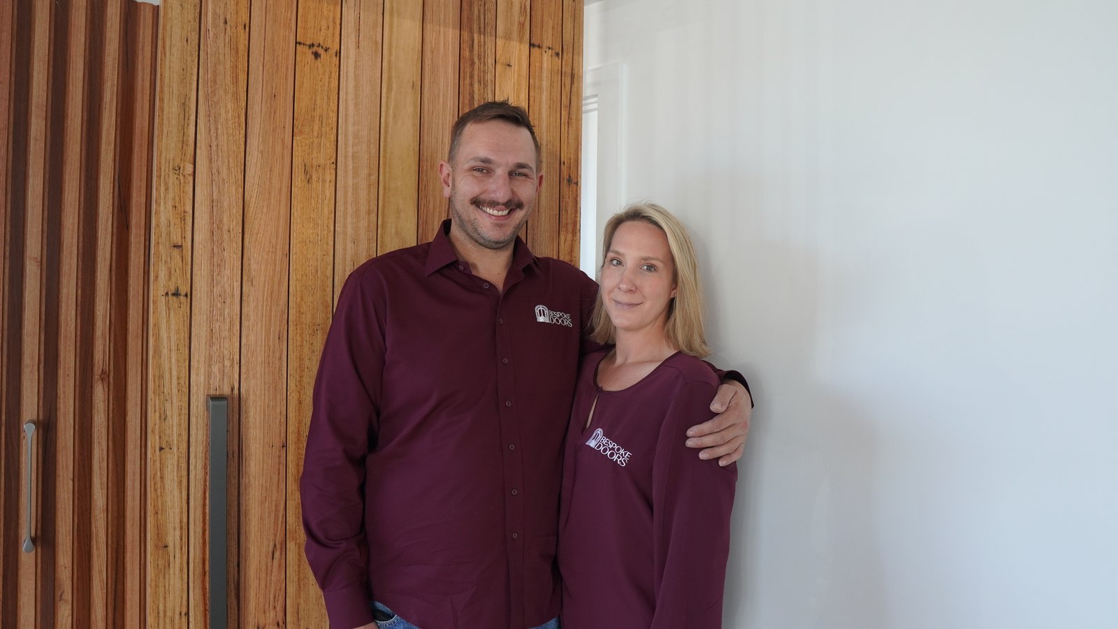 Nik & Olivia Kulas — founders of Bespoke Doors, photographed at the Moorabbin workshop